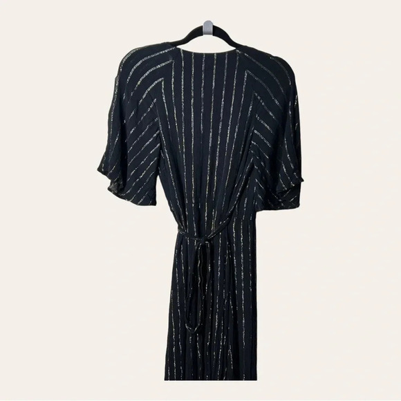 0408. MODCLOTH WRAP DRESS MAXI LENGTH BLACK WITH GOLD/SILVER IN COLOR STRIPES - Picture 12 of 15